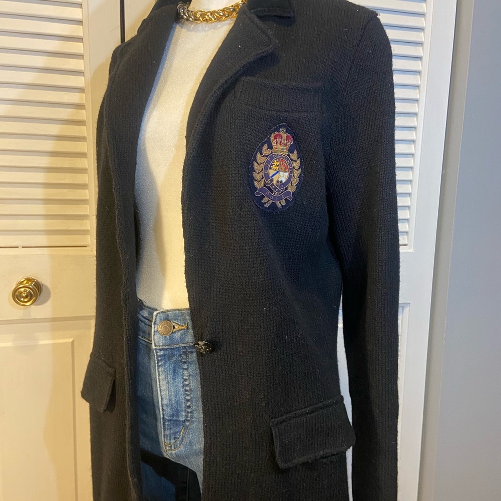 Lauren Ralph Lauren Black Blazer Wool & Velvet Detail with Embroidered Crest